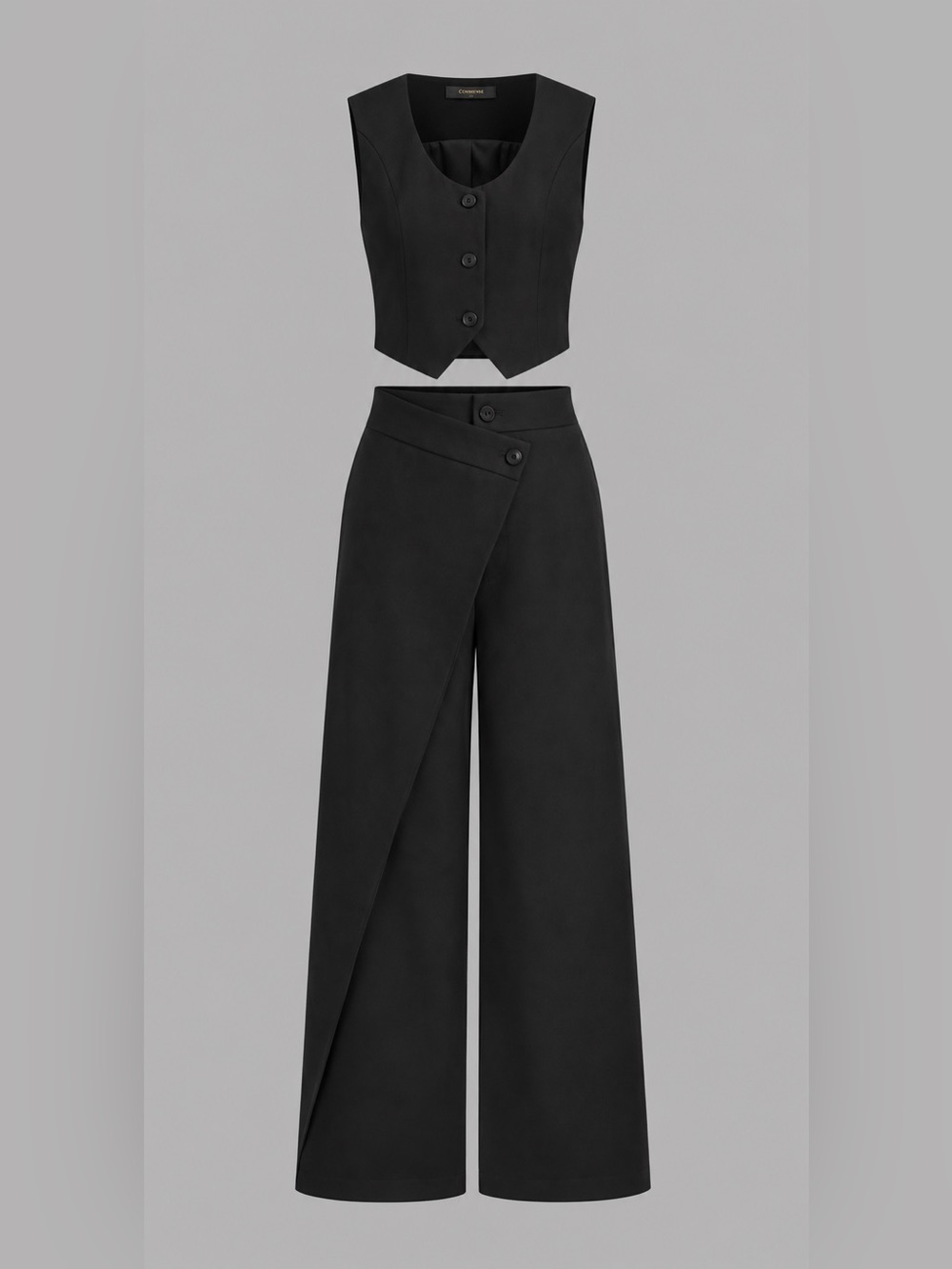 Commense Black Solid Asymmetrical Straight-Leg Pants Set